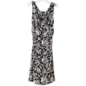 Lauren Ralph Lauren Dress Sz 6 Blue White Ruched Lined Floral Approx 40"L  EUC